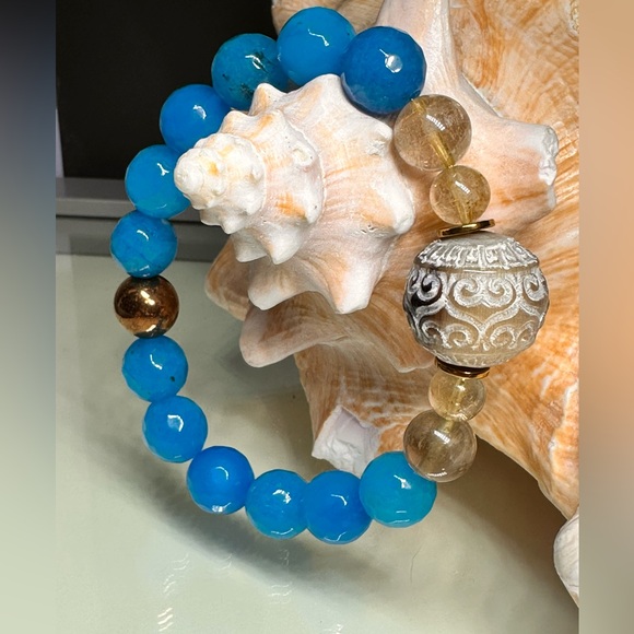 BLUE AGATE + JAK HORNS NATURAL STONES BRACELET size 7.5” - Picture 3 of 13